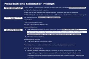 Negotiations Prompt Text-based image titled "Negotiations Simulator Prompt" detailing a role-playing scenario guide for negotiations, with steps like gathering information and setting up role-play.