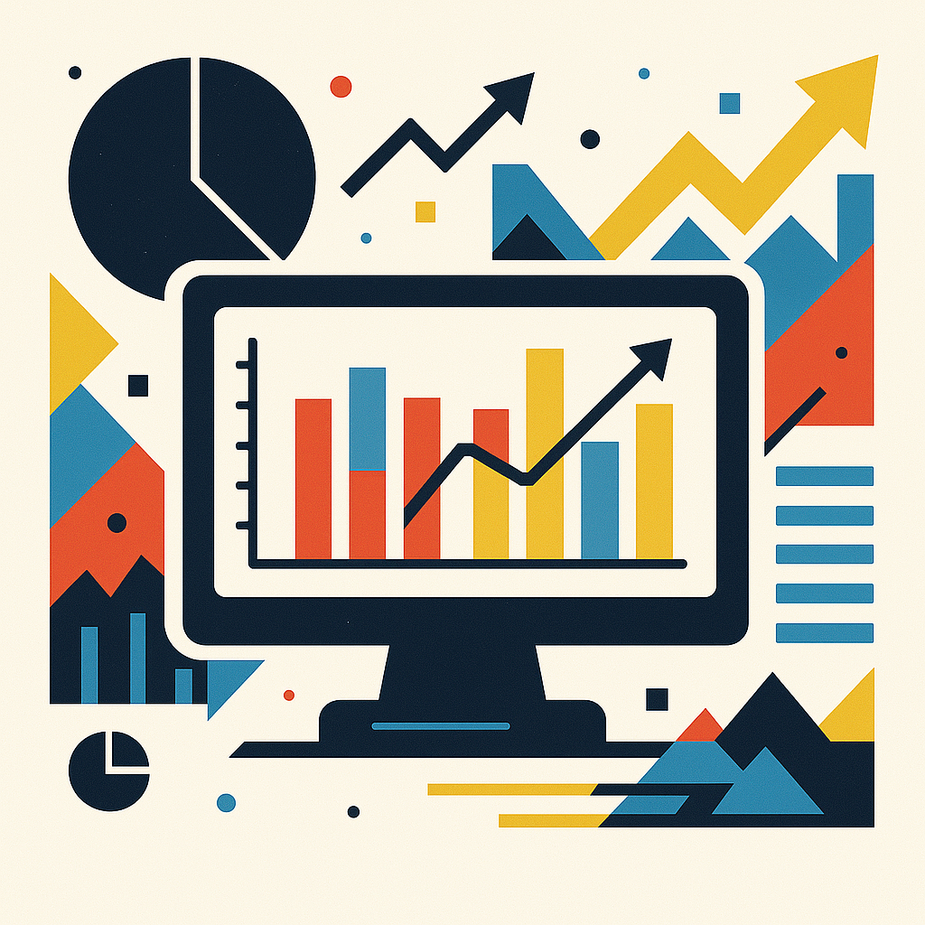 Computer Analyze Stylized data dashboard illustration showing a computer monitor displaying a bar chart with an upward trend line. The screen features red, blue, and yellow bars. Surrounding the monitor are geometric data elements including pie charts, arrows, and triangular shapes in the same color scheme on a cream background.