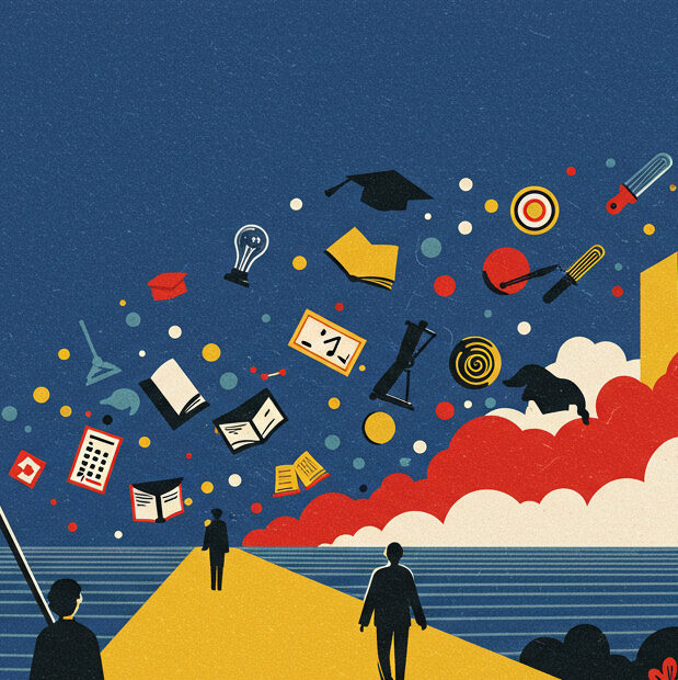 Gail Journey Conceptual illustration depicting an education journey with silhouettes of people walking on a yellow path toward knowledge. On the left stands a lighthouse-like structure with a graduation cap, while educational symbols (books, light bulbs, graduation caps, calculators) float in a blue night sky. Red clouds and a yellow beam of light suggest opportunity, with stylized red plants framing the black silhouetted landscape.