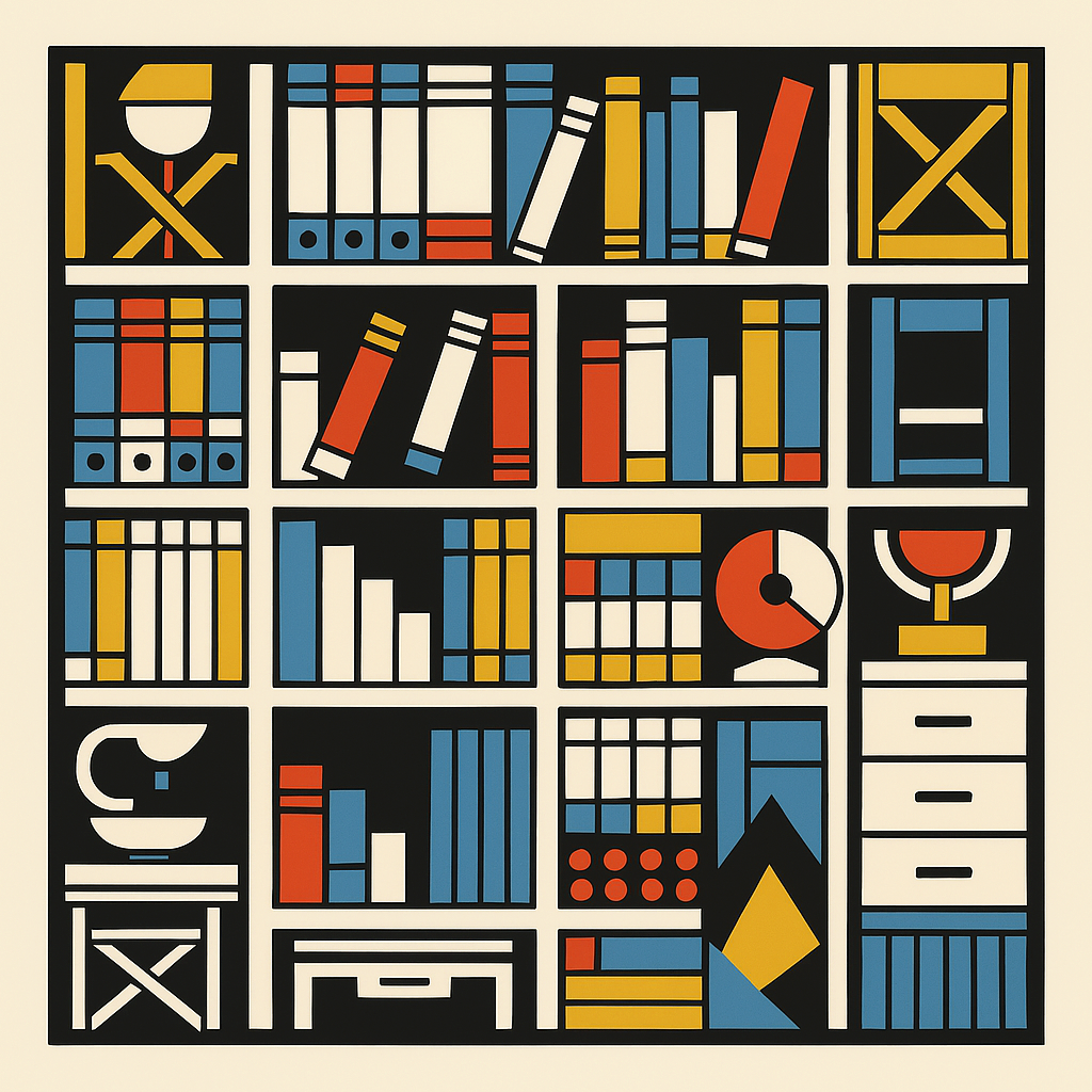 Prompt Library Geometric bookshelf illustration with a grid of abstract books, charts, and office items. Uses Bauhaus-inspired blue, red, yellow, white, and black blocks on a cream background, representing knowledge organization.