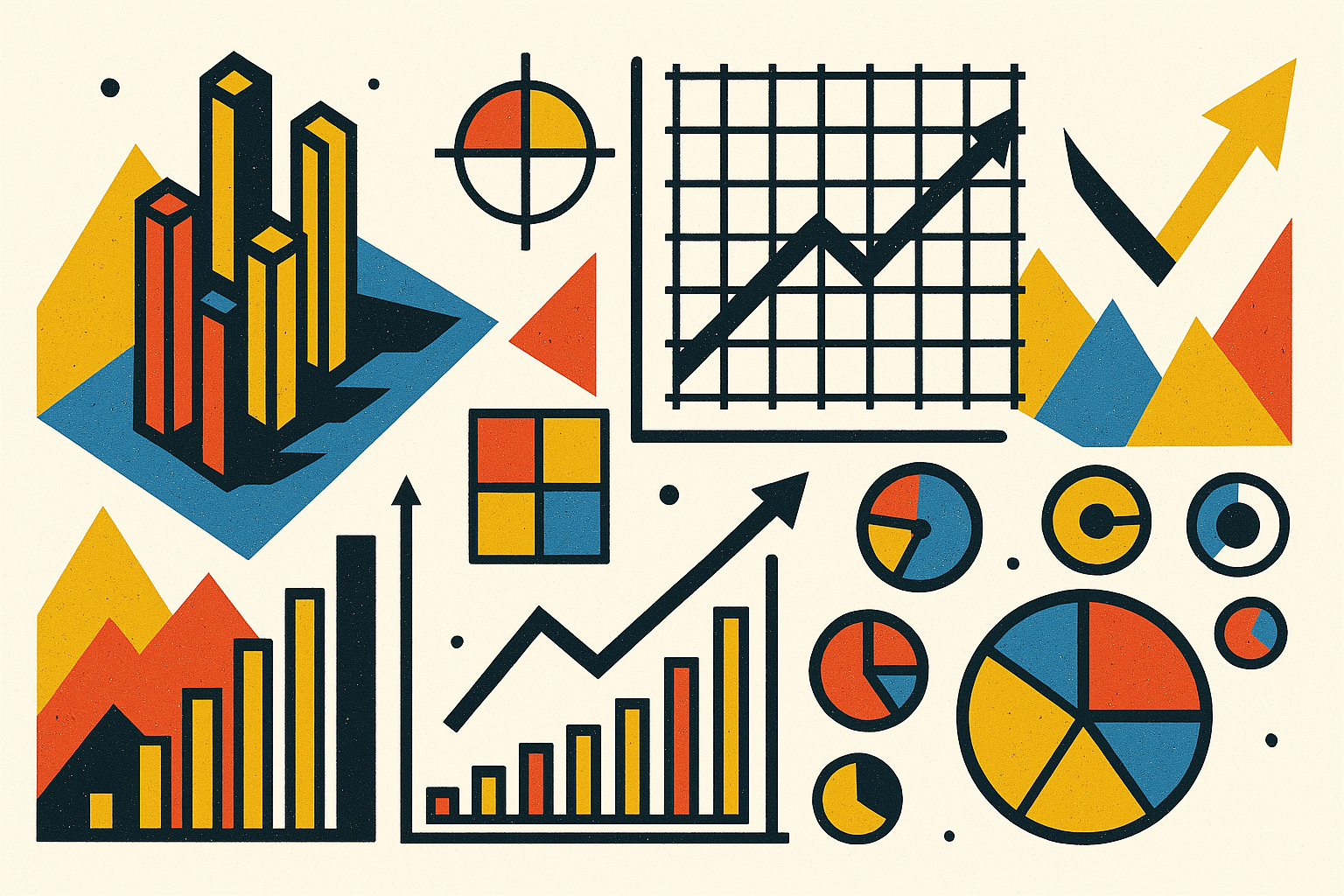Tech Report Abstract illustration featuring various charts and graphs, including bar charts, line graphs, pie charts, and geometric shapes in red, yellow, and blue, representing data visualization and analysis.