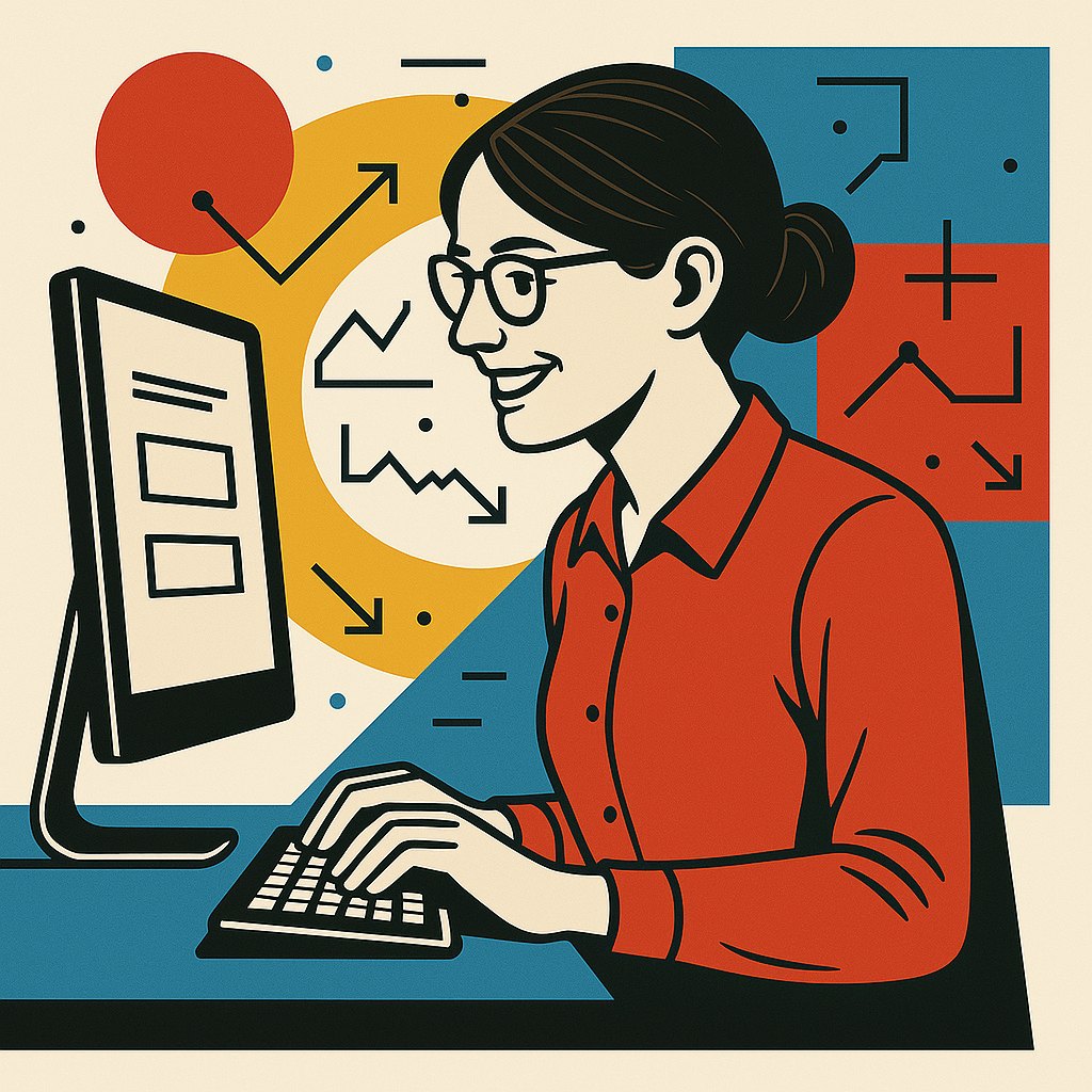 Woman At Computer Profile illustration of a woman with glasses and dark hair in a bun, wearing a red shirt while working at a computer. She smiles while typing on a keyboard at a blue desk. The background features geometric shapes and data visualization elements in red, blue, and yellow on a cream-colored background.