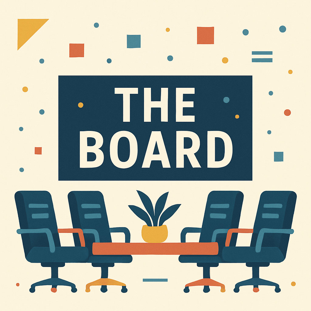 Board Style An illustration of four office chairs around a table with a potted plant. The words "The Board" are prominently displayed above, with colorful geometric shapes in the background.