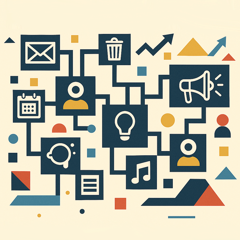 Pincus Lab Illustration of interconnected symbols representing communication and productivity concepts like email, light bulb, calendar, and megaphone.