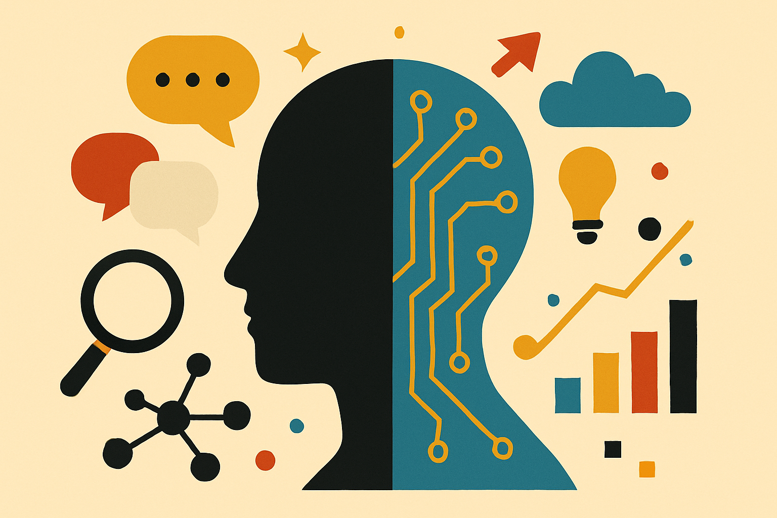 Parahuman Qualities Mid-century-modern–style landscape illustration on an off-white background. At center is a split side-profile head: the left half a solid black human silhouette, the right half teal with gold circuit lines, symbolizing AI with parahuman traits. Surrounding the head are flat, colorful icons—speech bubbles, magnifying glass, network node cluster, bar chart, upward arrow, light-bulb, and cloud—in mustard yellow, burnt orange, teal, and black—conveying social-science analysis of AI.