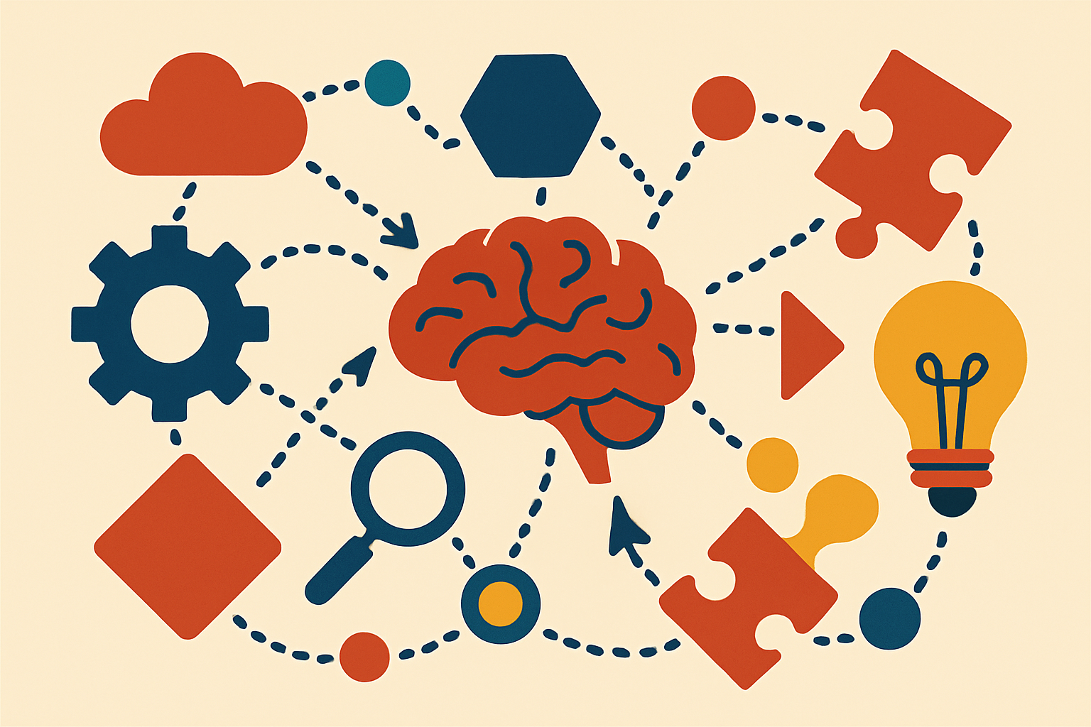 Chain of Thought Prompting Illustration of a brain surrounded by various icons such as gears, puzzle pieces, a magnifying glass, and a light bulb, connected by dotted lines, representing creative thinking or problem-solving.