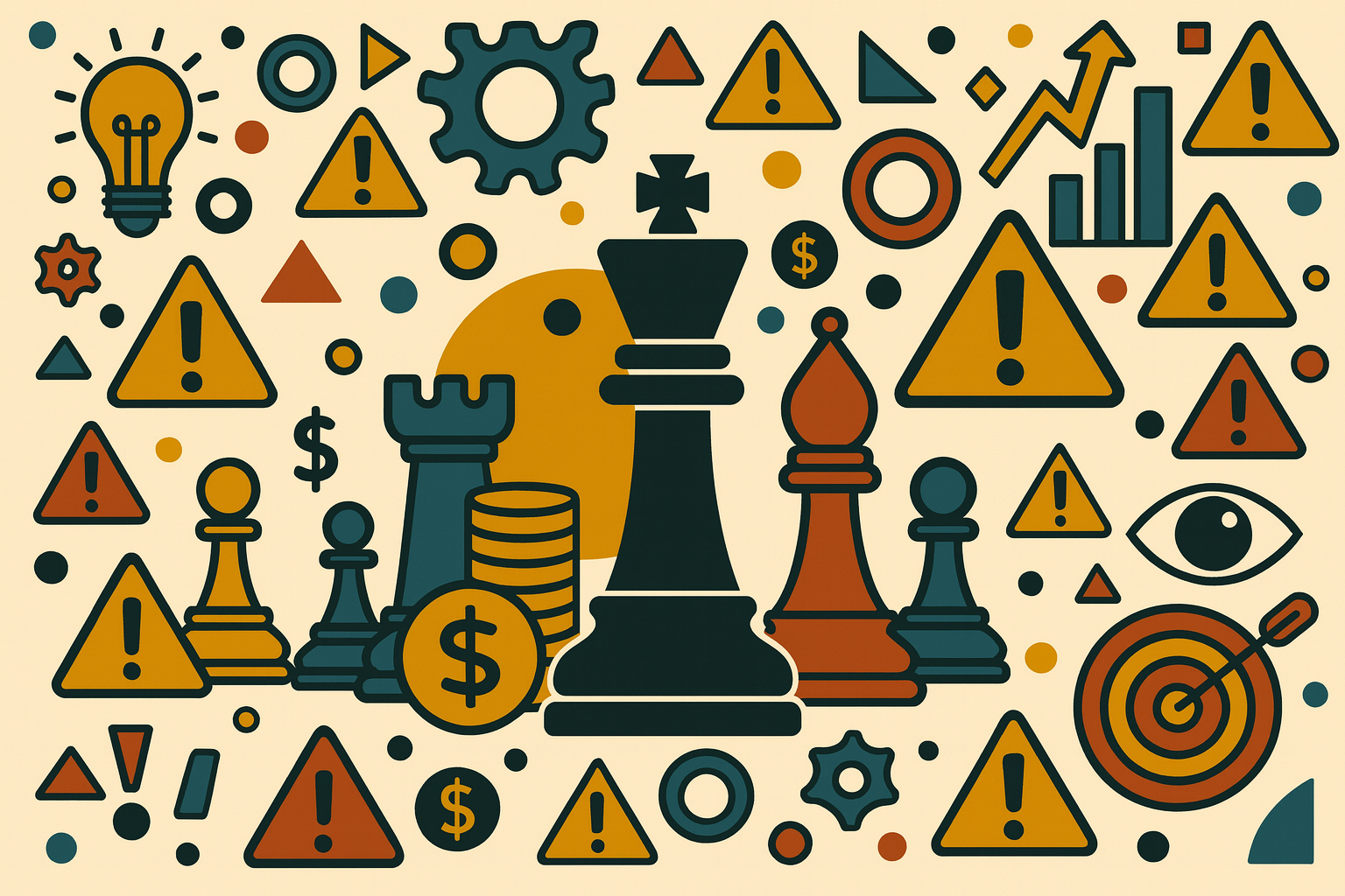 Tech Report Threatenortip Illustration of chess pieces, coins, gears, and warning signs, suggesting themes of strategy, risk, and financial planning.
