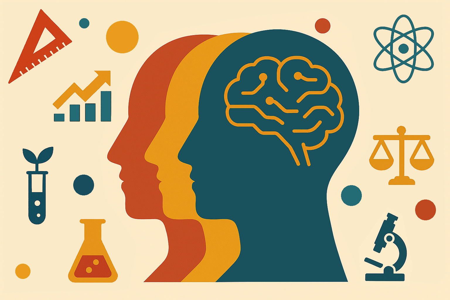 Persona Tech Report4 Three overlapping silhouettes symbolize diverse thinking and collaboration. Surrounding icons represent science, technology, and innovation.
