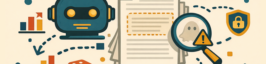 A flat-style illustration showing AI document analysis and security concepts: a teal robot, bar chart, and stacked documents with highlighted text, alongside a magnifying glass revealing a ghost with a warning symbol and a padlock shield. Connected by orange dashed lines on a cream background.